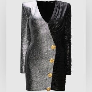 Balmain Metallic Silver and Black Dress with Gold Accents